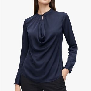 Vince 100% Silk Draped Keyhole Blouse Deep Navy Long Sleeve Sz 4 Minimalist